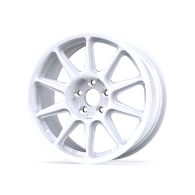 White multi-spoke alloy car wheel with engraved text on white background