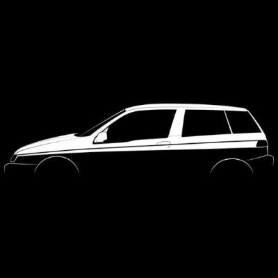 Side silhouette of two-door hatchback car in black and white