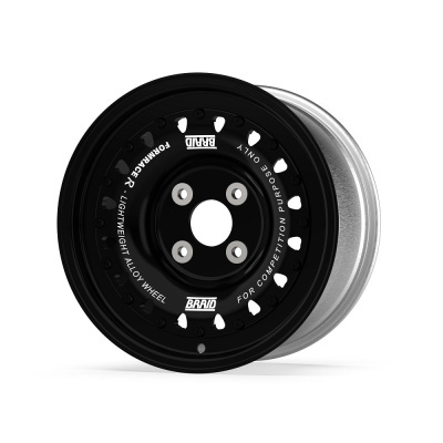 Black alloy wheel with white text and silver inner rim on white background