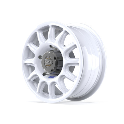White alloy wheel rim with multiple spokes and BRAID cap