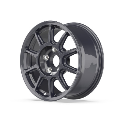 Dark gray metallic alloy car wheel rim with multiple spokes and silver lug nuts