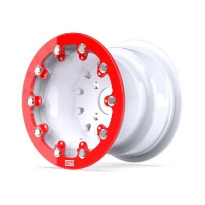 White wheel rim with red outer ring and silver bolts, text BEADLOCK and BARRI label