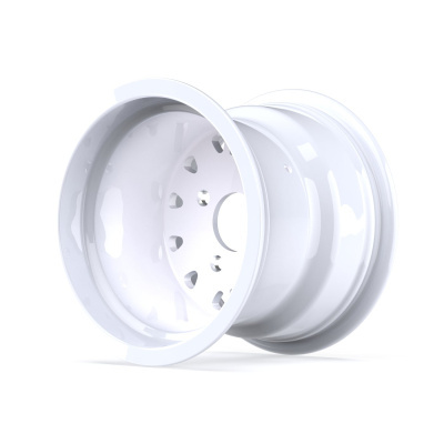 White metal wheel rim with bolt holes and glossy finish