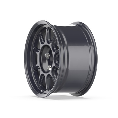Glossy black multi-spoke car wheel rim on white background