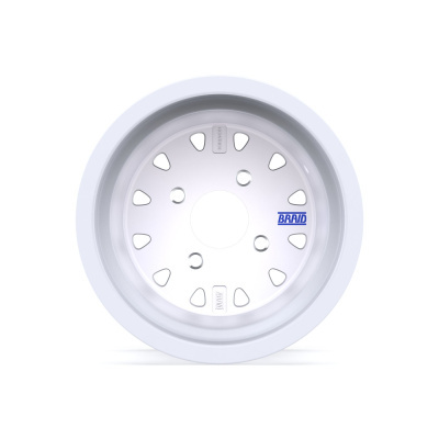 White alloy wheel with blue BRAID text on a white background