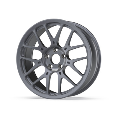 Gray metal car wheel rim with multiple thin spokes and BRAID logo