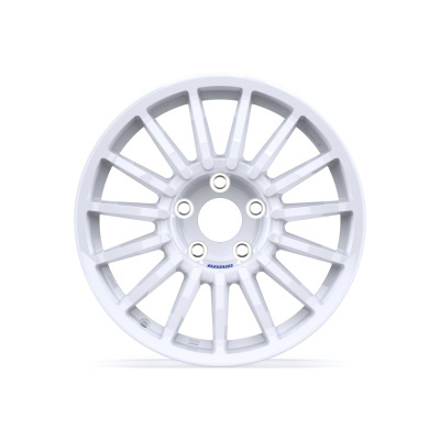 White multi-spoke alloy car wheel rim with five lug nut holes