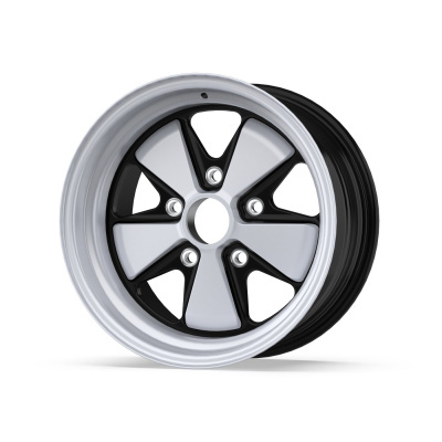 Car wheel rim in black and silver with five-spoke design