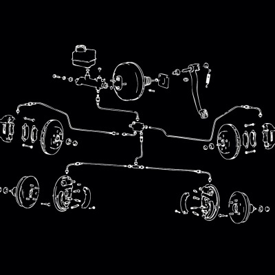 Schematic white line drawing of brake system parts on black background
