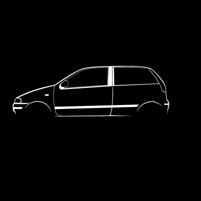 Black and white silhouette of a two-door hatchback car