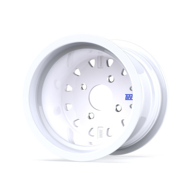 White steel vehicle wheel rim with embossed BRAID text and holes