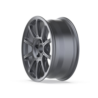 Metallic gunmetal gray car alloy wheel rim with ten split spokes.