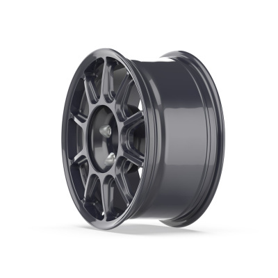 Glossy dark gray multi-spoke car wheel rim with silver lug nuts on white background