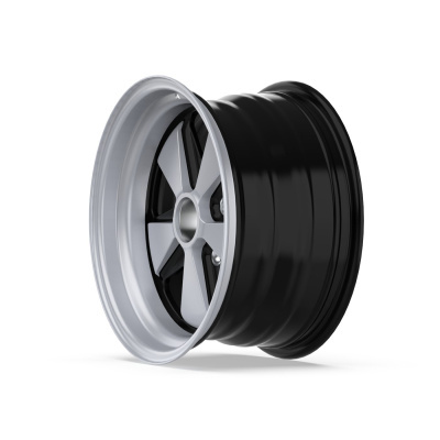 Black and silver metal car wheel rim with five spokes