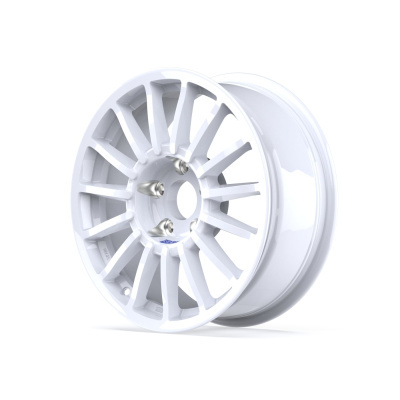White multi-spoke car wheel rim with metal lug nuts and ENKEI text