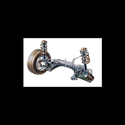 Car suspension system with springs and wheels on white background