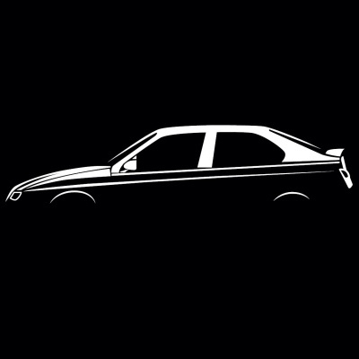 Minimalist black and white car side silhouette with two windows and rear spoiler
