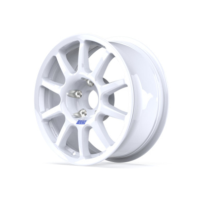 White alloy car wheel rim with BRAID logo and silver lug nuts