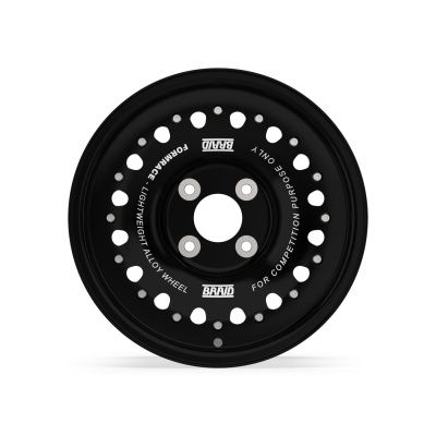 Black lightweight alloy wheel with bolt holes and white text on white background