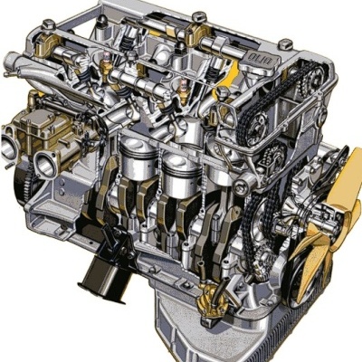 Ilustração detalhada de um motor de automóvel com pistões e correias.