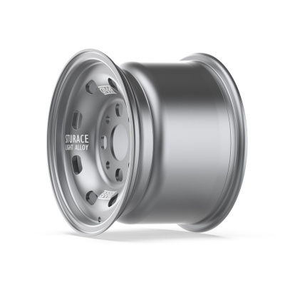 Silver alloy car wheel rim with white text and logos on white background