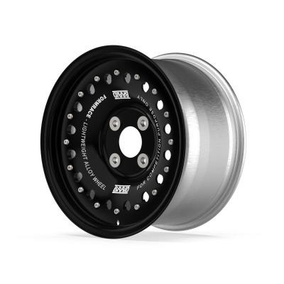 Black and silver lightweight alloy wheel rim with multiple bolts and white branding text.