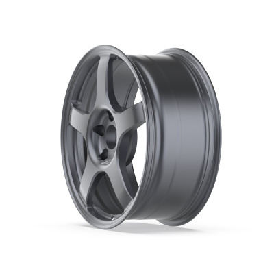 Matte gray five-spoke car wheel rim on white background