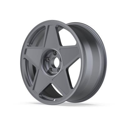 Dark gray alloy wheel rim with star-shaped five spokes on a white background