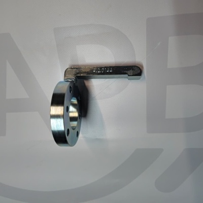 Metal mechanical part with circular flange and arm marked 42.0145 on white background