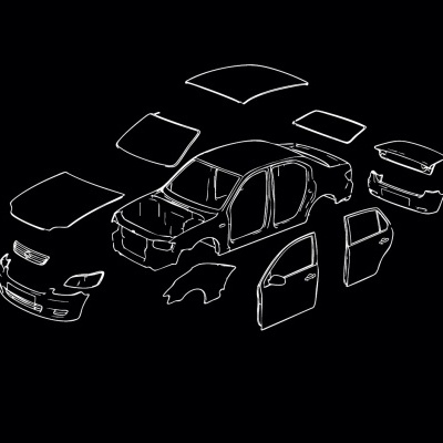 Drawing of car parts including body, doors, hood, roof, trunk, bumpers, and fenders