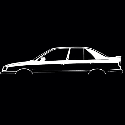 Side silhouette of a four-door sedan car in black and white on black background