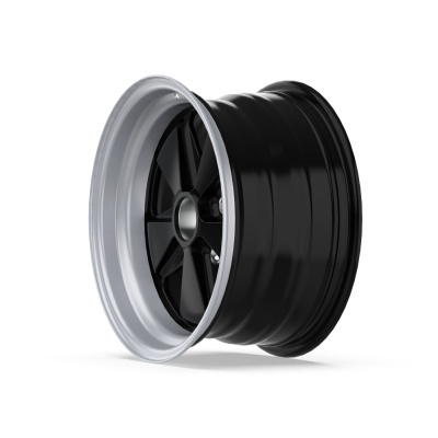 Black six-spoke car wheel rim with polished silver outer lip on white background