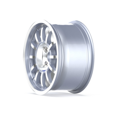 Silver metallic car wheel rim with multiple spokes on white background