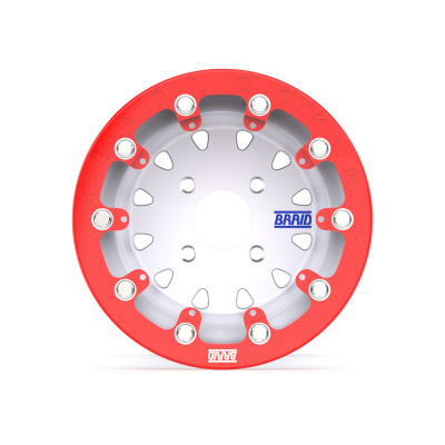 Silver and red circular wheel rim with bolts and BRAID logo