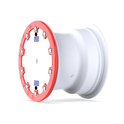 White wheel rim with red bolt hole ring and BRAID text.