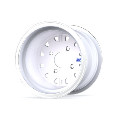 White steel wheel rim with triangular cut-outs and bolt holes