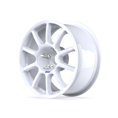White multi-spoke alloy car wheel rim with BRAVO text