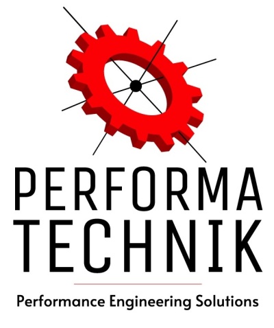 Red gear logo with text Performa Technik and tagline