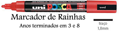 Marcador uni POSCA vermelho com tampa removida e texto em português