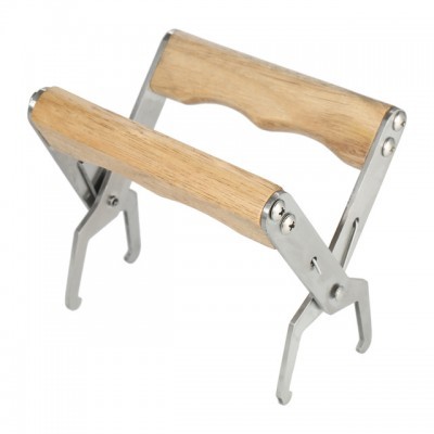 Suporte para panelas com alças em madeira e estrutura em aço inox