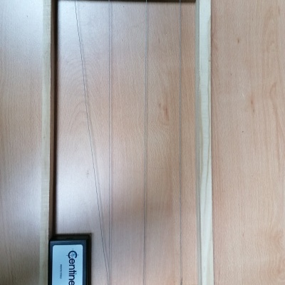 Estrutura de madeira com fios metálicos e dispositivo com texto Centinela