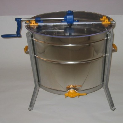 Descaroçador manual de mel em aço inoxidável com manivela azul e suporte metálico