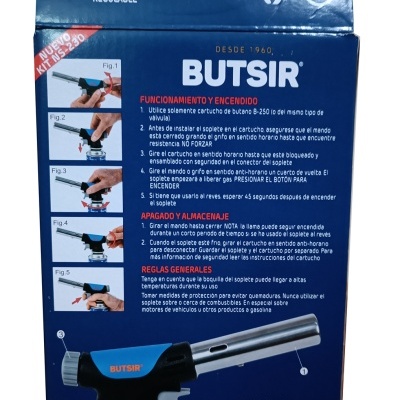 Embalagem azul com maçarico de gás BUTSIR com instruções em castelhano