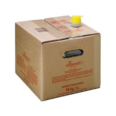 Caixa de cartão castanha com torneira amarela e texto vermelho APINVERTO 16 kg