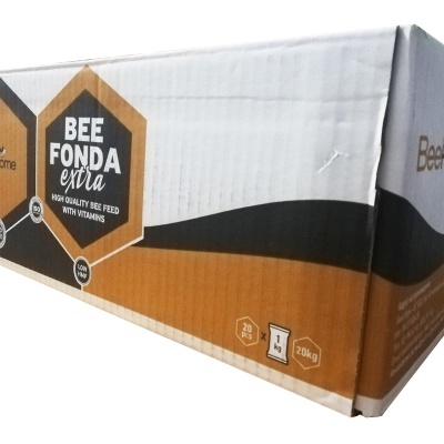 Caixa de produto BEE FONDA extra da BeeHome com texto e indicações de peso