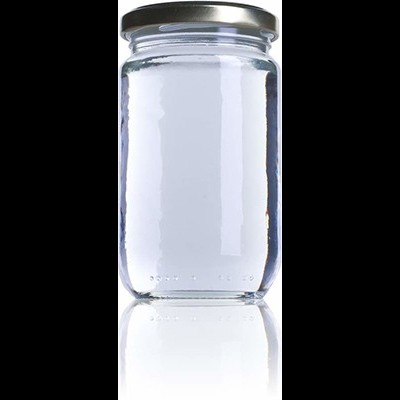 Frasco de vidro transparente com tampa metálica prateada