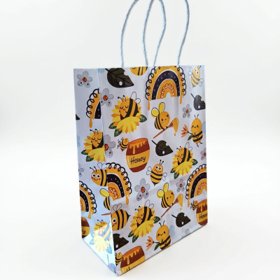 Saco de papel decorado com abelhas, flores e potes de mel