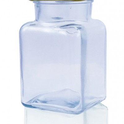 Frasco quadrado de vidro transparente com tampa metálica dourada