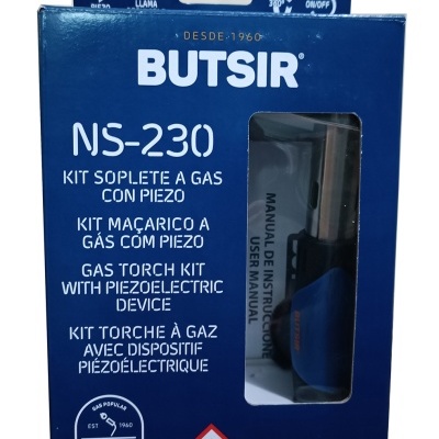 Embalagem azul do kit de maçarico a gás BUTSIR NS-230 com janela que mostra o maçarico.