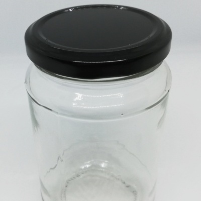 Frasco de vidro transparente com tampa preta